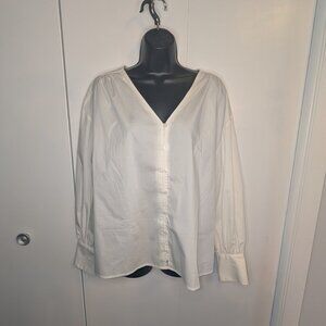 Worthington White Cotton Stretch V-neck long Sleeve Blouse SZ L